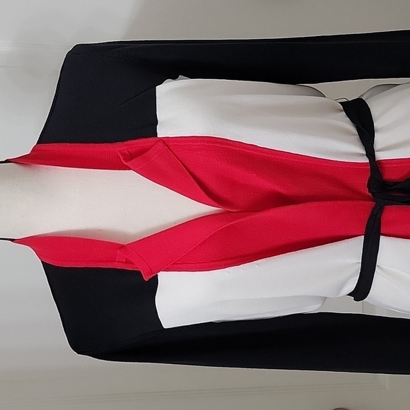 Liz Claiborn Red/Black/Crème Open Cardigan Sweater with Tie Waist size L - Picture 2 of 11
